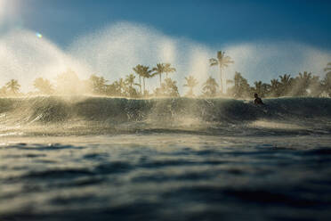 Männlicher Surfer paddelt über eine brechende Welle auf dem Meer bei Sonnenaufgang, Sayulita, Nayarit, Mexiko - FSIF04175