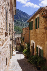 Sonnige Straße mit Kopfsteinpflaster und Häusern, Fornalutx, Mallorca, Balearische Inseln, Spanien - FSIF04259