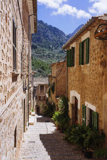 Sonnige Straße mit Kopfsteinpflaster und Häusern, Fornalutx, Mallorca, Balearische Inseln, Spanien - FSIF04259