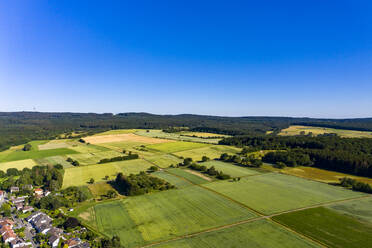 Luftaufnahme über Getreidefelder, Wiesen, Wälder und Dörfer, Wetterau, Deutschland - AMF07202