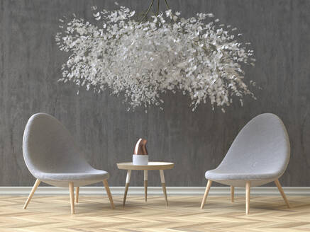 Modern Skandinavian interior with two grey chairs, coffee table and a floral installation, 3D Rendering - ECF01965