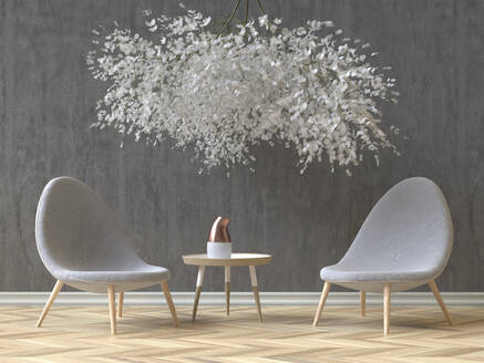 Modernes skandinavisches Interieur mit zwei grauen Stühlen, Couchtisch und einer Blumeninstallation, 3D Rendering - ECF01965