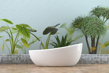 Moderne Badewanne im Badezimmer mit tropischen Pflanzen, 3D Rendering - ECF01968