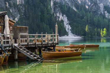 Boathouse at Pragser Wildsee, Braies Dolomites, Alto Adige, Italy - STSF02114