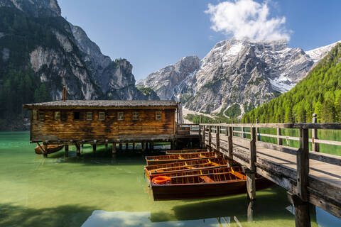 Boathouse at Pragser Wildsee, Braies Dolomites, Alto Adige, Italy stock photo