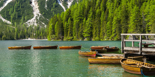 Row of rowing boats on Pragser Wildsee, Braies Dolomites, Alto Adige, Italy - STSF02117