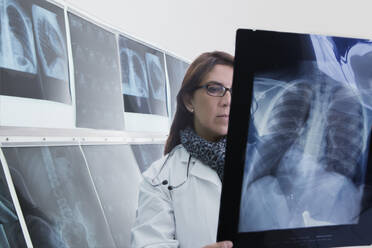 Hispanic doctor examining x-rays in hospital - BLEF10236