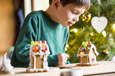 Gemischtrassiger Junge baut Pfefferkuchenhaus - BLEF10268