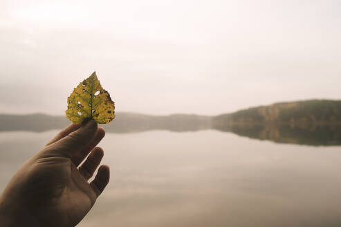 Hand hält Herbstblatt an abgelegenem See - BLEF10283