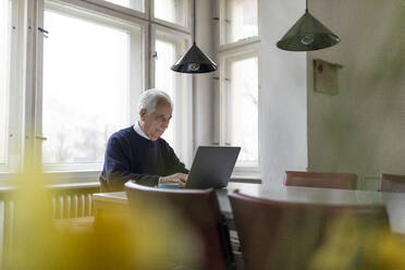 Senior man using laptop on table at home - GUSF02043