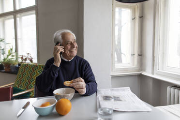 Lächelnder älterer Mann am Handy zu Hause - GUSF02052