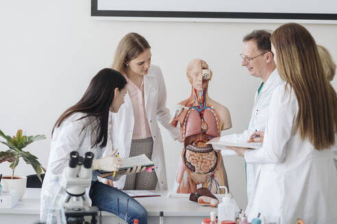 Professor mit Studenten, die ein Anatomiemodell im Unterricht analysieren - AHSF00684