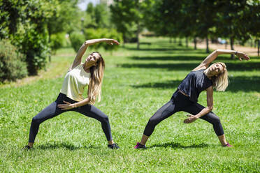 Ältere Frau macht Yoga mit ihrer Tochter in einem Park - JSMF01144