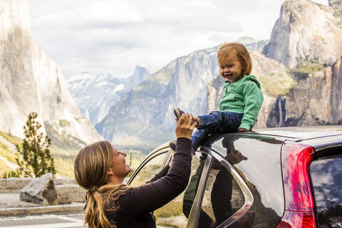 Caucasian mother and daughter in Yosemite National Park, California, United States stock photo