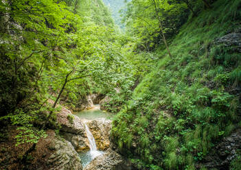 Luftaufnahme eines kleinen Wasserfalls im Soca-Fluss, der von einer üppigen Vegetation umgeben ist. - AAEF00023
