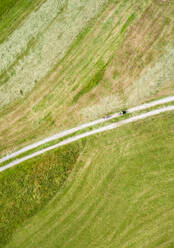 Luftaufnahme von Radfahrern auf einem Feldweg im Soca-Tal, Slowenien. - AAEF00041