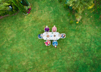 Aerial view of extended family at garden table for lunch. - AAEF00086