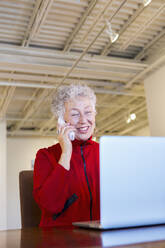 Older mixed race woman working in art gallery - BLEF10846