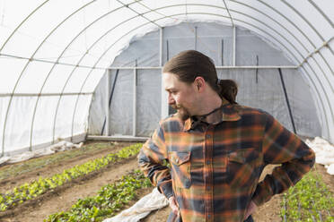 Caucasian farmer standing in greenhouse - BLEF10855