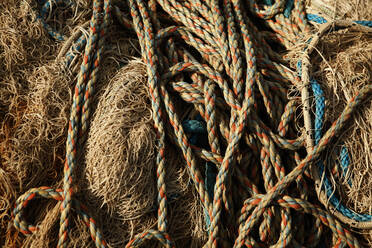 Commercial fishing nets at Fisherman's Terminal, Seattle, USA. stock photo
