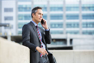 Mixed race businessman talking on cell phone - BLEF10949