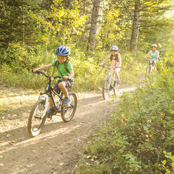 Caucasian mother and children riding mountain bikes - BLEF10974