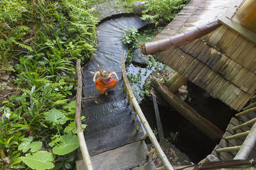 Kaukasisches Mädchen, das die Stufen im Garten hinaufläuft, Ubud, Bali, Indonesien - BLEF11092