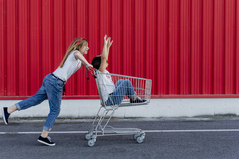 Schwestern mit Einkaufswagen vor einer roten Wand - ERRF01631