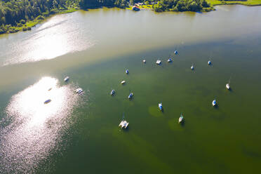 Aerial view over sailing boats at Lake Starnberg, Bavaria, Germany - LHF00652