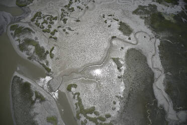 Aerial photo of Mud flats of the Machipongo River at low-tide. The Machipongo is 16.5 miles in length, wholly within Accomack County on the Eastern Shore of Virginia, USA. - BCDF00404