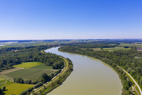 Luftaufnahme der Isar, Niederbayern, Deutschland, lizenzfreies Stockfoto