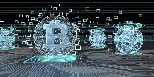 Bitcoin-Technologie im Verhältnis zum Dollar, 3d-Illustration - ALF00759