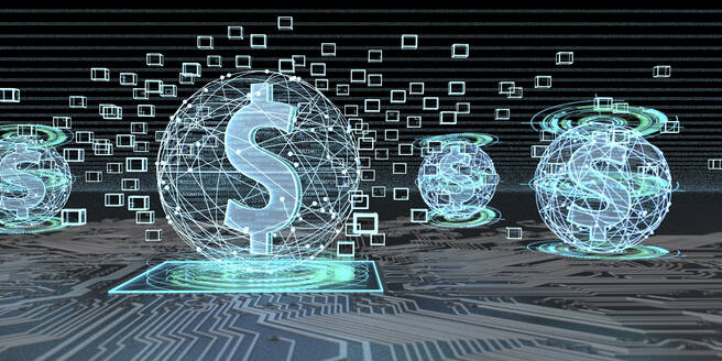 Dollar-Währung auf Basis der Blockchain-Technologie, 3D-Illustration - ALF00762