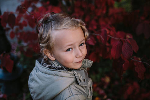 Porträt eines Mädchens in einem Park, rote Herbstblätter - OGF00079