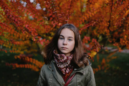 Porträt eines jungen Mädchens in einem Park, Herbstbaum im Hintergrund - OGF00082