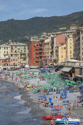 Aerial view of tourists on Camogli beach, Liguria, Italy - BLEF12055