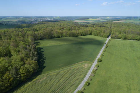 Luftaufnahme einer Straße durch landwirtschaftliche Felder und Wald, Franken, Bayern, Deutschland - RUEF02276