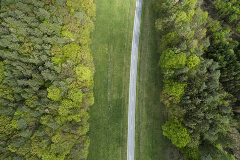 Luftaufnahme einer Landstraße mit Wald und Wiese Franken, Bayern, Deutschland - RUEF02286