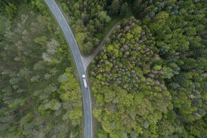 Luftaufnahme einer Landstraße durch den Wald, Franken, Bayern, Deutschland - RUEF02289