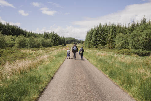 Rückenansicht eines Vaters, der mit seinen Söhnen auf einer Landstraße wandert, Cairngorms, Schottland, UK - NMS00327