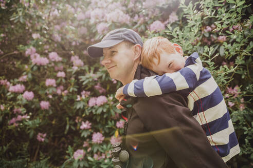 Vater, der seinen Sohn beim Wandern huckepack nimmt - NMS00339