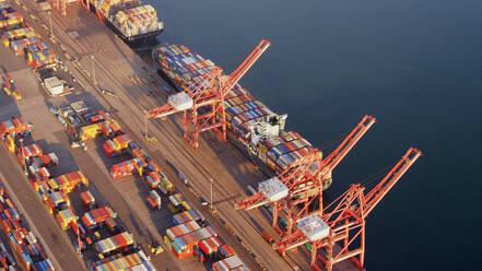 Aerial view of containers and cranes in industrial shipyard - BLEF12125