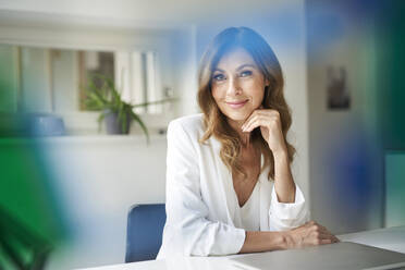 Female doctor and laptop behind window - PNEF01742