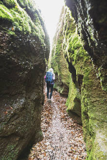 Wanderer auf einem Pfad durch eine enge Schlucht, Drachenschlucht, Thüringer Wald, Eisenach, Deutschland - GWF06182
