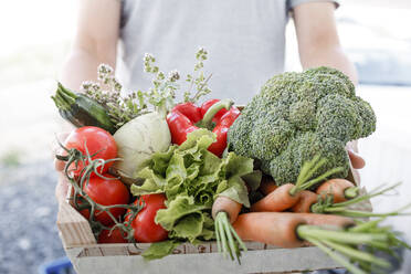 Man holding wooden box of organic vegetables, close-up - KMKF01020