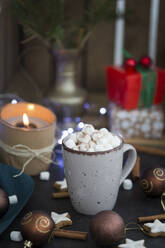 Eine Tasse heiße Schokolade mit Marshmellows zur Weihnachtszeit - JUNF01698