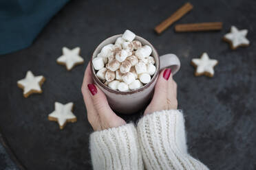 Frauenhände halten eine Tasse heiße Schokolade mit Marshmellows zur Weihnachtszeit - JUNF01701