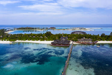 Aerial view of beach bungalows, Olhuveli, South Male Atoll, Maldives - AMF07219