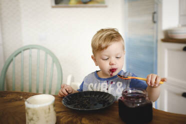 Cute little boy eating blueberry jam - EYAF00326