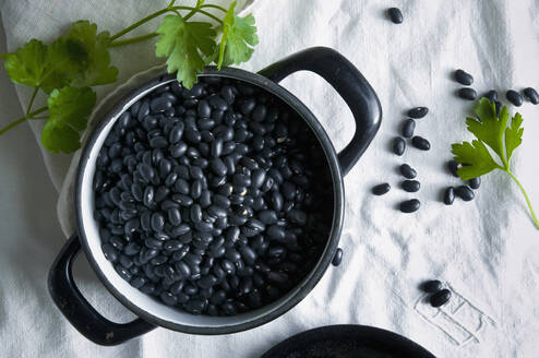 Directly above shot of black beans in cooking pan on tablecloth - ASF06473